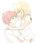  1boy 1girl 87banana ahoge artoria_pendragon_(fate) blonde_hair couple emiya_shirou fate/stay_night fate_(series) green_eyes hands_on_another&#039;s_shoulders looking_at_another nightgown redhead saber shirt white_nightgown white_shirt 