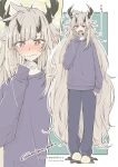  1girl absurdly_long_hair alternate_costume arknights artist_name blonde_hair blush casual commentary commentary_request full-face_blush hand_to_own_mouth highres horns long_hair long_sleeves matoimaru_(arknights) messy_hair open_mouth pointy_ears red_eyes saliva sleeves_past_wrists slippers umino_mokuzu_(shizumisou) very_long_hair yawning 