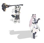  2girls animal_ears bare_shoulders black_bodysuit black_gloves black_socks bodysuit dress elbow_gloves gloves grey_bodysuit grey_hair grey_thighhighs hair_between_eyes hammer headgear headphones high_heels holding holding_hammer holding_weapon huge_weapon joints karenina:_scire_(punishing:_gray_raven) karenina_(punishing:_gray_raven) long_hair mechanical_arms mechanical_ears mechanical_legs min_re0 multiple_girls pink_eyes pink_hair punishing:_gray_raven rabbit_ears robot_joints shaded_face short_sleeves socks teddy_(punishing:_gray_raven) thigh-highs twintails very_long_hair weapon white_dress wolf_ears 