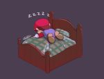  1boy blue_overalls brown_footwear brown_hair cabbie_hat exhausted gameplay_mechanics grey_background hat jemuzu lying mario on_bed on_stomach overalls pillow red_headwear red_shirt scene_reference shirt shoes signature sleeping solo super_mario_bros. super_mario_rpg zzz 
