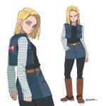  1girl android_18 artist_name belt blonde_hair blue_belt blue_eyes boots brown_footwear commentary denim denim_jacket denim_skirt dragon_ball dragon_ball_z earrings english_commentary full_body hand_in_pocket highres jacket jenxd_d jewelry long_sleeves looking_at_viewer medium_hair multiple_views sideways_glance skirt smile striped_sleeves 