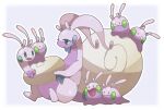  animal_focus closed_eyes colored_skin commentary_request evolutionary_line goomy hisuian_goodra hisuian_sliggoo no_humans open_mouth pokemon pokemon_(creature) purple_skin simple_background slime_(substance) slug solid_oval_eyes towa_(clonea) white_background 