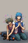  2boys absurdres bare_shoulders belt black_hair black_tank_top blue_eyes blue_hair blue_pants blue_shirt blush boots brown_footwear bruno_(yu-gi-oh!) commentary crossed_legs facial_mark facial_tattoo fudou_yuusei grey_background grey_eyes hands_on_lap hands_up high_collar highres jacket knee_pads kneeling light_blush male_focus marking_on_cheek multicolored_hair multiple_boys open_mouth own_hands_together pants shirt short_hair sitting smile spiky_hair streaked_hair tank_top tattoo youko-shima yu-gi-oh! yu-gi-oh!_5d&#039;s 