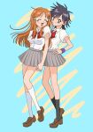  2girls arisawa_tatsuki black_hair bleach blush breasts brown_eyes commentary_request hair_ornament hairpin highres inoue_orihime long_hair melon_hamburg_bentou multiple_girls open_mouth orange_hair parted_bangs school_uniform shirt short_hair skirt smile spiky_hair tomboy 