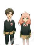  1boy 1girl :o absurdres aged_up ahoge anya_(spy_x_family) arms_at_sides black_pants brown_hair brown_necktie child collared_shirt damian_desmond dress ducartoon eden_academy_school_uniform feet_out_of_frame green_eyes hairpods hand_in_pocket highres long_hair long_sleeves looking_at_viewer necktie open_mouth pants pink_hair school_uniform shirt short_hair simple_background spy_x_family thigh-highs white_background white_thighhighs 