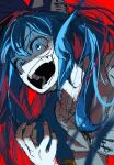  1girl absurdres blast-7 blue_eyes blue_hair bow commentary_request hair_bow highres open_mouth red_background simple_background solo teeth touhou upper_body yorigami_shion 