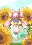  :d animal_focus artist_name blue_sky bow closed_eyes clouds colored_skin commentary_request crystal crystal_hair diancie flower green_bow grey_skin hat highres holding holding_clothes holding_hat no_humans open_mouth pokemon pokemon_(creature) sky smile sun_hat sunflower towa_(clonea) 