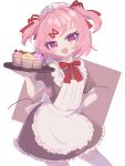  1girl :d alternate_costume anzen_robo_(474zz) apron artist_name black_dress blush bow bowtie brown_background collared_dress commentary_request contrapposto cowboy_shot cupcake doki_doki_literature_club dress enmaided eyelashes fang food frilled_apron frilled_dress frills hair_intakes hair_ornament hair_ribbon hand_on_own_hip highres holding holding_tray looking_at_viewer maid maid_apron maid_headdress natsuki_(doki_doki_literature_club) open_mouth pink_eyes pink_hair puffy_short_sleeves puffy_sleeves red_bow red_bowtie red_ribbon ribbon short_hair short_sleeves sidelocks simple_background skin_fang smile solo standing swept_bangs thigh-highs tray twintails twitter_username two-tone_background two_side_up white_apron white_background white_thighhighs wing_collar x_hair_ornament zettai_ryouiki 