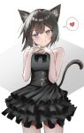  1girl absurdres animal_ear_fluff animal_ears bare_shoulders black_bow black_bowtie black_dress black_hair blue_eyes blush bow bowtie breasts cat_ears cat_girl cat_tail commentary cowboy_shot dress heart highres looking_at_viewer nanahoshi_teru original own_hands_together short_hair sleeveless sleeveless_dress small_breasts smile solo spoken_heart standing symbol-only_commentary tail 