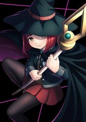  1girl black_background black_cape black_headwear black_jacket black_pantyhose brown_eyes brown_vest cape closed_mouth danganronpa_(series) danganronpa_v3:_killing_harmony foot_out_of_frame hat highres holding holding_staff jacket long_sleeves miniskirt open_clothes open_jacket pantyhose red_skirt redhead short_hair simple_background skirt solo staff taba_neruko vest witch_hat yumeno_himiko 