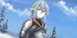  1boy absurdres armor blue_eyes blue_sky chainmail chihuri closed_mouth clouds day final_fantasy final_fantasy_xiv grey_hair hair_between_eyes haurchefant_greystone highres male_focus outdoors pauldrons pointy_ears shoulder_armor sky smile snow solo tree upper_body 