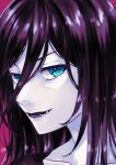  1girl black_blood_brothers black_hair black_lips blue_eyes cassandra_jill_warlock close-up collarbone commentary_request fang hair_between_eyes highres lo_lis pale_skin portrait profile purple_background signature solo 