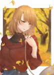  1girl autumn autumn_leaves bag blonde_hair closed_mouth clothing_cutout falling_leaves forest ginkgo_leaf hand_up highres isshiki_iroha leaf light_(lightpicture33) looking_down medium_hair nature red_sweater shoulder_bag shoulder_cutout solo sweater turtleneck turtleneck_sweater upper_body yahari_ore_no_seishun_lovecome_wa_machigatteiru. yellow_eyes 