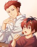  2boys black_hair brothers closed_mouth collared_shirt commentary_request eating food fork hand_up holding holding_fork kamatanu_free long_sleeves looking_at_another male_focus multicolored_hair multiple_boys open_mouth orange_eyes red_shirt redhead shirt short_hair siblings smile sousou_no_frieren stark_(sousou_no_frieren) stoltz_(sousou_no_frieren) table two-tone_hair upper_body white_shirt 
