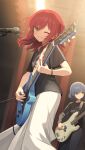  2girls bass_guitar black_shirt blue_hair blurry blurry_background blush bocchi_the_rock! cable_tie dot_nose electric_guitar green_eyes guitar hair_ornament hairclip highres holding holding_instrument holding_paddle indoors instrument kaito_(k4itoh) kita_ikuyo long_skirt looking_at_viewer medium_hair microphone microphone_stand multiple_girls music one_eye_closed one_side_up paddle parted_lips playing_instrument redhead shirt short_hair skirt smile solo_focus t-shirt white_skirt yamada_ryo 