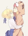 1boy 1girl 87banana ahoge animal_costume artoria_pendragon_(fate) blonde_hair blouse blue_bow blue_skirt bow braid brown_eyes closed_eyes couple emiya_shirou fate/stay_night fate_(series) french_braid hair_bow hair_bun hetero hug lion_costume lion_hood redhead saber shirt skirt smile white_shirt