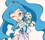  1girl bird blue_eyes blue_hair blue_vest commentary_request cure_fontaine earrings gloves hair_ornament healin&#039;_good_precure healing_animal heart heart_hair_ornament jewelry long_hair magical_girl melon_hamburg_bentou one_eye_closed open_mouth pegitan_(precure) penguin precure puffy_sleeves sawaizumi_chiyu vest white_gloves 