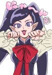  1girl black_hair bow colored_eyelashes commentary_request fangs go!_princess_precure highres long_hair melon_hamburg_bentou miss_siamour miss_siamour_(human) open_mouth paw_pose paw_print pointy_ears precure red_bow smile solo twintails violet_eyes 