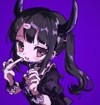  1girl black_hair black_hairband blood blood_on_face blunt_bangs blush brown_eyes commentary_request demon_horns denonbu dress ear_piercing ema_(oekakidaisukinahito) fake_horns hair_ornament hair_ribbon hairband hands_up highres horns long_hair looking_at_viewer nail_polish open_mouth piercing pink_nails pink_ribbon puffy_short_sleeves puffy_sleeves purple_background purple_dress reml ribbon short_sleeves simple_background smile solo twintails upper_body wrist_cuffs x_hair_ornament 