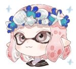  1girl :3 commentary_request dot_nose grey_eyes head_wreath inkling inkling_girl pink_hair plum0o0 pointy_ears portrait short_hair solo sparkle sparkling_eyes splatoon_(series) tentacle_hair white_background 