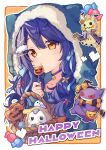  1girl amamiya_kokoro animal_hood basket blue_choker blue_hair blue_jacket brown_eyes candy cat_hood choker cloud_hair_ornament commentary food fur-trimmed_hood fur_trim gengar hair_ornament happy_halloween highres hood hood_up jacket lollipop long_hair mimikyu natsu_(n2wrb) nijisanji pokemon solo symbol-only_commentary virtual_youtuber x_hair_ornament 