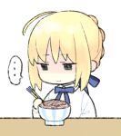  ... 1girl 87banana ahoge artoria_pendragon_(fate) blonde_hair blouse blue_bow bow braid chopsticks eating fate/stay_night fate_(series) french_braid green_eyes hair_bow lowres saber shirt solo table white_shirt 