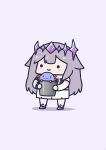  1girl absurdres axolotl_(minecraft) blush_stickers bucket chibi dress full_body grey_hair hair_flaps highres holding holding_bucket hololive hololive_english koseki_bijou lavender_background long_hair minecraft phdpigeon shadow simple_background single_arm_guard smile solid_circle_eyes solo standing tiara 