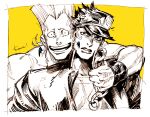  2boys bad_id bad_tumblr_id earrings gakuran greyscale_with_colored_background hat hug jacket jean_pierre_polnareff jewelry jojo_no_kimyou_na_bouken kotteri kujo_jotaro looking_at_viewer male_focus multiple_boys muscular muscular_male partially_colored school_uniform smile upper_body v-shaped_eyebrows wristband yellow_background 