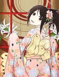  1girl bad_source brown_eyes brown_hair floral_print_kimono hair_ornament highres japanese_clothes kimono looking_back obi oora_kanako pokke_(pokke-chan) sash sayonara_zetsubou_sensei shaft_look 