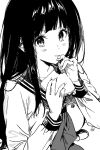  1girl blush eating food greyscale hands_up highres holding holding_food hyouka long_hair looking_at_viewer mery_(yangmalgage) monochrome neckerchief sailor_collar school_uniform shirt simple_background solo upper_body 