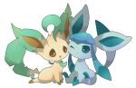  animal_focus blue_eyes blue_fur brown_eyes brown_fur commentary_request glaceon leaf leafeon no_humans one_eye_closed pokemon pokemon_(creature) prehensile_hair simple_background sitting tail towa_(clonea) white_background 