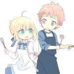  1boy 1girl 87banana ahoge apron artoria_pendragon_(fate) blonde_hair brown_eyes couple fate/stay_night fate_(series) green_eyes holding holding_spatula holding_whisk redhead saber spatula whisk white_background 