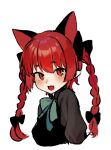  1girl animal_ears black_bow bow bowtie braid cat_ears cat_girl commentary extra_ears fang green_bow green_bowtie hair_bow highres kaenbyou_rin long_hair looking_at_viewer open_mouth red_eyes redhead side_braids simple_background skin_fang solo symbol-only_commentary touhou twin_braids upper_body utsuro114514 white_background 