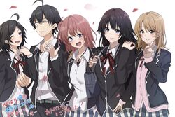  1boy 4girls ahoge bag black_eyes black_hair black_jacket blazer blonde_hair blue_eyes cardigan cardigan_under_jacket closed_mouth collared_shirt hair_bun hair_ribbon hand_up highres hikigaya_hachiman hikigaya_komachi isshiki_iroha jacket light_(lightpicture33) long_hair long_sleeves looking_at_viewer medium_hair multiple_girls neck_ribbon one_eye_closed open_clothes open_mouth petals pink_cardigan plaid plaid_skirt red_ribbon redhead ribbon school_bag school_uniform shirt short_hair single_hair_bun single_side_bun skirt sobu_high_school_uniform violet_eyes white_shirt yahari_ore_no_seishun_lovecome_wa_machigatteiru. yellow_eyes yuigahama_yui yukinoshita_yukino 