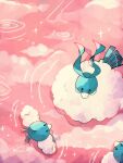  altaria animal_focus artist_name bird black_eyes blue_skin clouds colored_skin commentary_request evolutionary_line hanabusaoekaki highres no_humans pink_background pink_water pokemon pokemon_(creature) ripples sparkle swablu water 