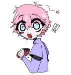  ! ahoge black_sleeves black_undershirt blue_eyes blush cup detached_sleeves hair_between_eyes holding holding_cup jinja_yagi jinja_yagi_(vtuber) looking_at_viewer messy_hair pink_hair star_(symbol) surprised sweatdrop tea teacup turtleneck virtual_youtuber vsera 