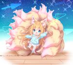  1girl absurdres animal_ear_fluff animal_ears blue_eyes chibi fang fluff fox_ears fox_girl fox_tail highres hood hoodie komuginyan long_hair open_mouth original skirt solo striped striped_thighhighs tail thigh-highs too_many v white_skirt 