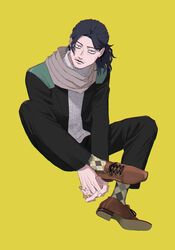  1boy argyle_socks bags_under_eyes black_eyes black_hair black_pants black_shirt boku_no_hero_academia brown_footwear eraser_head_(boku_no_hero_academia) facial_hair fingernails full_body grey_scarf highres looking_at_viewer male_focus mustache pants rnuyvm scarf shirt short_hair simple_background solo sparse_stubble yellow_background 