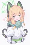  1girl animal_ear_headphones animal_ears blonde_hair blue_archive blush cat_tail fake_animal_ears green_eyes green_halo green_scarf halo headphones heart highres jacket looking_at_viewer midori_(blue_archive) nalphanne open_mouth scarf short_hair simple_background sleeves_past_fingers sleeves_past_wrists smile solo tail upper_body white_background white_jacket 