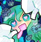  1boy blush chromatic_aberration commentary doradorakingyo drooling ecolo_(puyopuyo) emphasis_lines flower green_eyes green_hair heart heart-shaped_pupils hood hood_up long_hair male_focus mittens mouth_drool puyopuyo puyopuyo_7 solo symbol-only_commentary symbol-shaped_pupils twitter_username unusual_ecolo white_mittens 