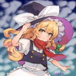  1girl black_vest blonde_hair bow braid commentary_request dated green_bow hair_bow hand_on_headwear hat hat_bow katasumi kirisame_marisa long_hair puffy_short_sleeves puffy_sleeves red_scarf scarf shirt short_sleeves single_braid touhou vest white_bow white_shirt witch_hat yellow_eyes 