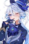  1girl ahoge ascot blue_ascot blue_brooch blue_coat blue_eyes blue_gloves blue_hair blue_headwear blush coat commentary falling_petals furina_(genshin_impact) furrowed_brow genshin_impact gloves hair_intakes hand_up hat highres hinagikumonnme long_hair long_sleeves one_eye_closed open_mouth petals simple_background smile solo swept_bangs top_hat upper_body wavy_hair white_background 