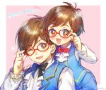  2boys :d ;d adjusting_eyewear akai_meganii ascot black_bow blue_pants blue_vest bow brown_eyes brown_hair butler character_name collared_shirt commentary_request glasses hand_up long_sleeves looking_at_viewer male_focus megaboy multiple_boys one_eye_closed open_mouth pants pink_background pretty_series pripara red-framed_eyewear red_bow semi-rimless_eyewear shirt short_hair smile star_(symbol) touyama_soboro translation_request upper_body vest white_ascot white_shirt 