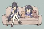  1girl animal_ears black_hair bow bowtie brown_footwear character_doll closed_mouth couch crossed_legs elbow_rest full_body horse_ears horse_girl horse_tail jitome long_hair looking_to_the_side narita_brian_(umamusume) ponytail puffy_short_sleeves puffy_sleeves rope sailor_collar school_uniform shimenawa shoes short_sleeves sitting skirt solo stuffed_animal stuffed_toy sweatdrop tail teddy_bear thigh-highs tracen_school_uniform umamusume uruimu white_skirt white_thighhighs 