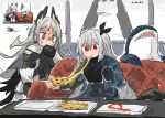 2girls arknights bird_girl blush couch donki_(yeah) eating food gloves grey_eyes grey_hair highres holding holding_food holding_pizza irene_(arknights) long_hair multiple_girls on_couch pizza red_eyes shark_girl signature skadi_(arknights) stuffed_animal stuffed_toy table