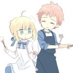  1boy 1girl 87banana ahoge apron artoria_pendragon_(fate) blonde_hair blue_bow bow couple emiya_shirou fate/stay_night fate_(series) green_eyes holding holding_spatula holding_whisk redhead saber spatula whisk white_background 