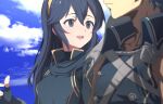  1boy 1girl ahonoko armor black_gloves black_sweater blue_cape blue_eyes blue_hair blue_sky cape chrom_(fire_emblem) closed_mouth clouds commentary_request day father_and_daughter fingerless_gloves fire_emblem fire_emblem_awakening gloves hair_between_eyes highres long_hair looking_at_another lucina_(fire_emblem) outdoors pauldrons short_hair shoulder_armor single_pauldron sky smile sweater tiara turtleneck turtleneck_sweater 