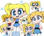  6+girls arms_behind_back black_eyes blonde_hair blue_dress blue_vest bubbles_(ppg) child closed_mouth dress green_dress green_eyes highres kim_crab looking_at_viewer multiple_girls one_eye_closed open_mouth powerpuff_girls powerpuff_girls_z red_ribbon ribbon smile teeth thigh-highs toon_(style) twintails vest white_thighhighs 
