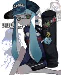  06_2y 1girl barcode baseball_cap black_shorts blue_eyes blue_headwear carrying_bag closed_mouth green_eyes hat highres inkling inkling_girl jellyfish long_hair looking_at_viewer pointy_ears print_headwear shorts solo splatoon_(series) white_background 
