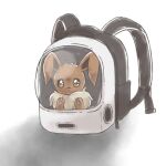 animal_focus backpack bag black_bag brown_eyes brown_fur commentary_request eevee pawpads pokemon pokemon_(creature) shadow simple_background solo stuck towa_(clonea) two-tone_bag white_background white_bag zipper zipper_pull_tab 